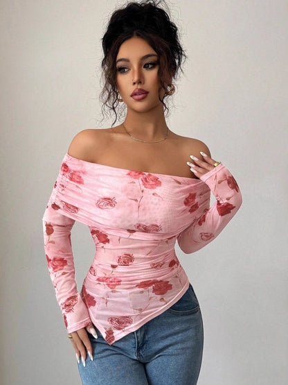 Mesh Printed Off Shoulder Irregular Hem Long Sleeve T-shirts