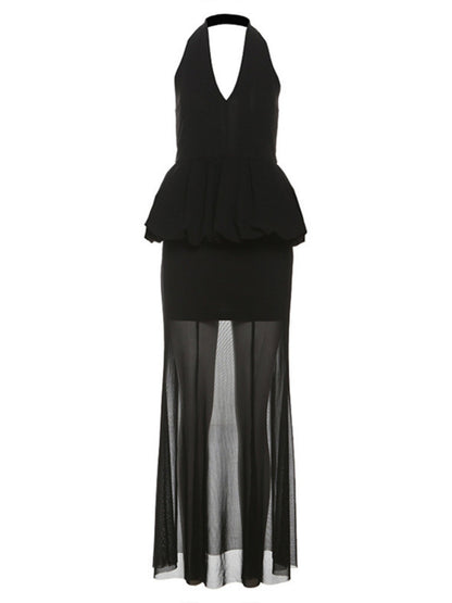 Mesh Splicing Perspective Neckband Ruffle Maxi Dresses
