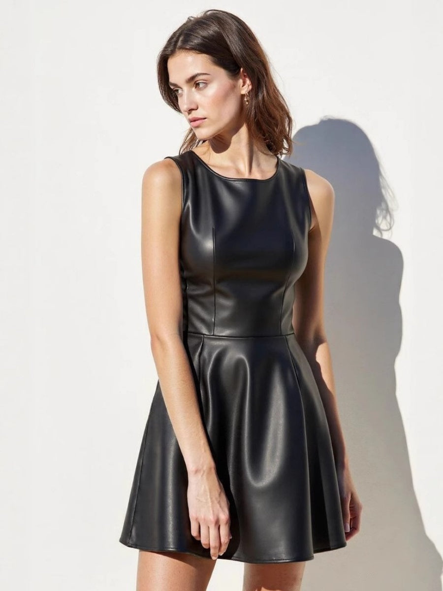 Crew Neck Sleeveless Waist PU Leather Mini&Short Dresses