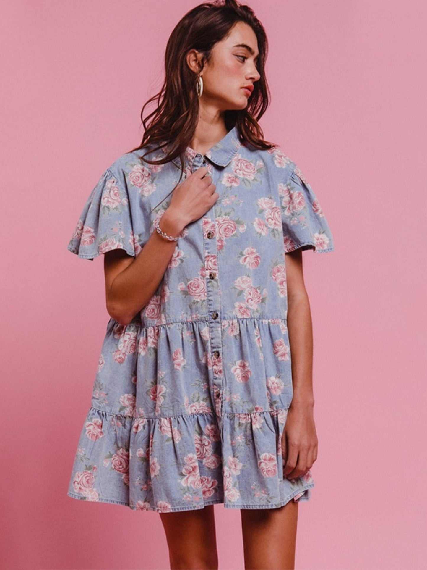 Denim Floral Print Collared Short-sleeved Shirt Buttons Shirt Dress