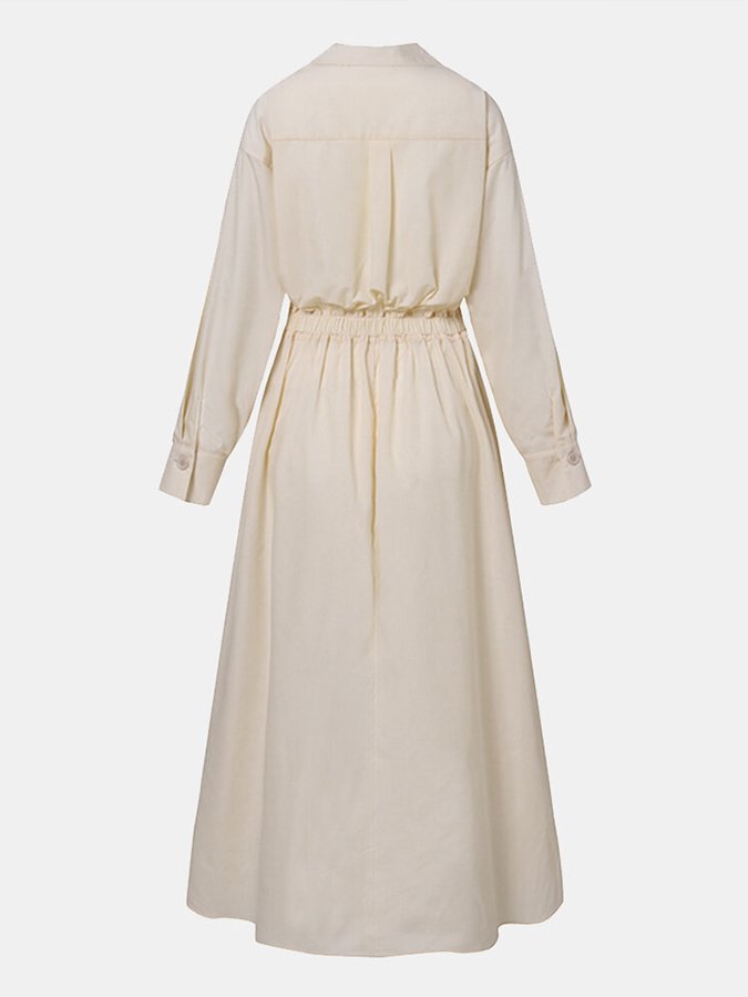 Collared Deep V-Neck Puff Sleeve Pleated A-Line Midi Shirt Dress