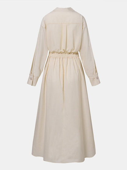 Collared Deep V-Neck Puff Sleeve Pleated A-Line Midi Shirt Dress