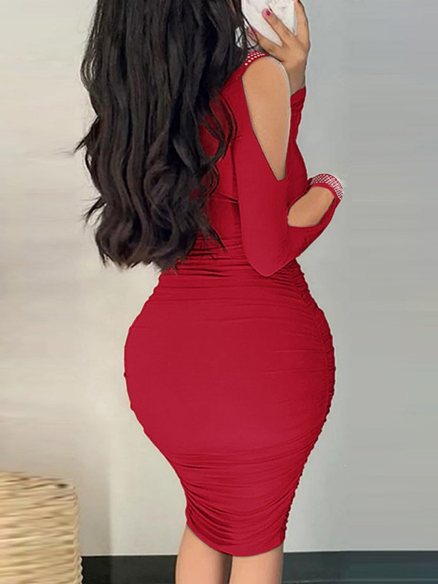 Rhinestone-studded Off-shoulder Hip-hugging Formal Dress Midi Dresses