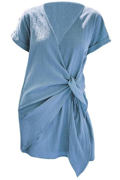 Margovil Solid Cross V Neck Tie Wrap Dress