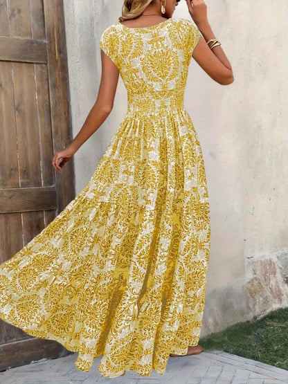 Floral Print V-neck Short Sleeve Large Skirt Maxi Dresses