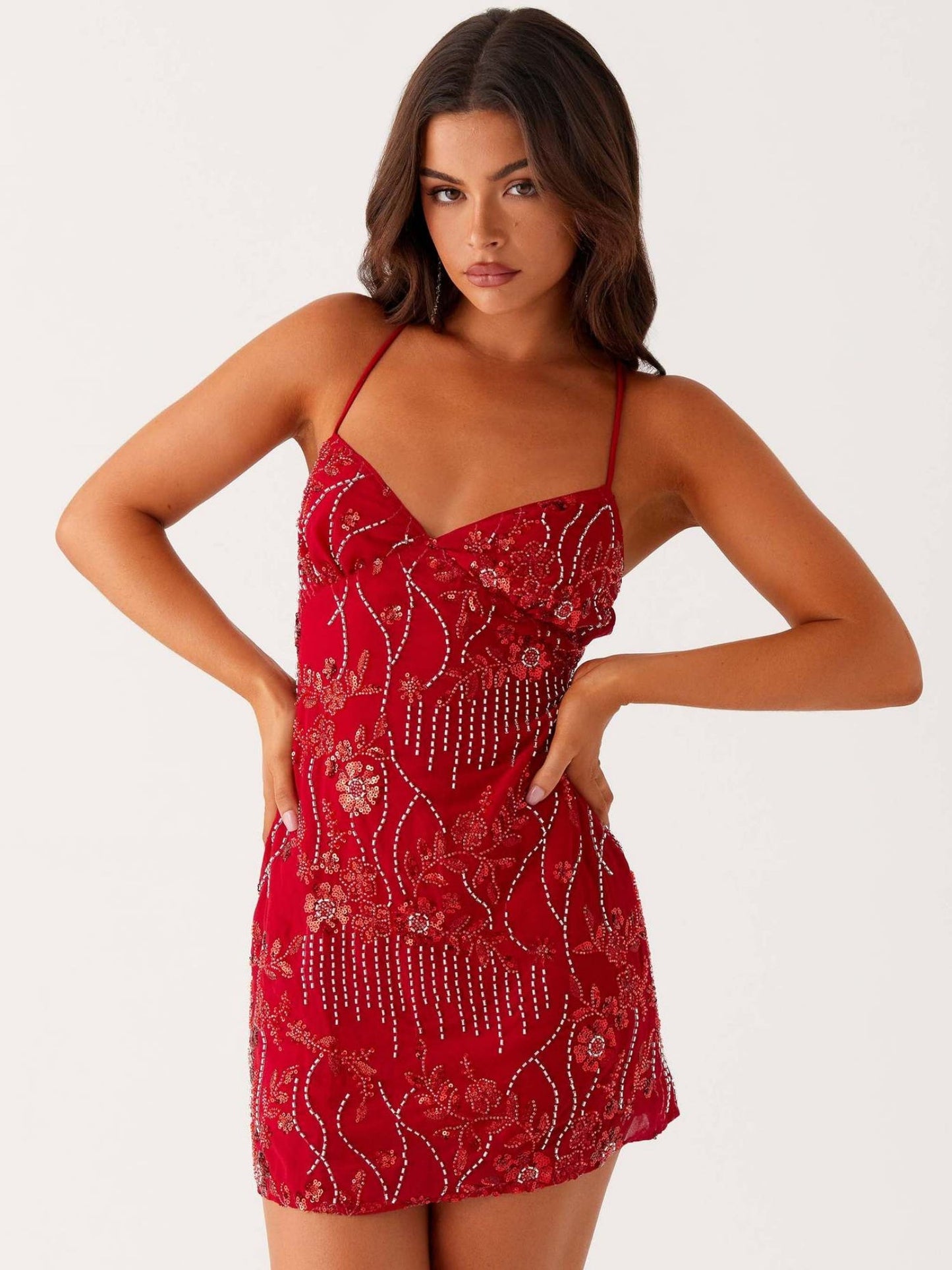 Sequin Beads Spaghetti Strap Backless Tie Sweet Mini&Short Dresses