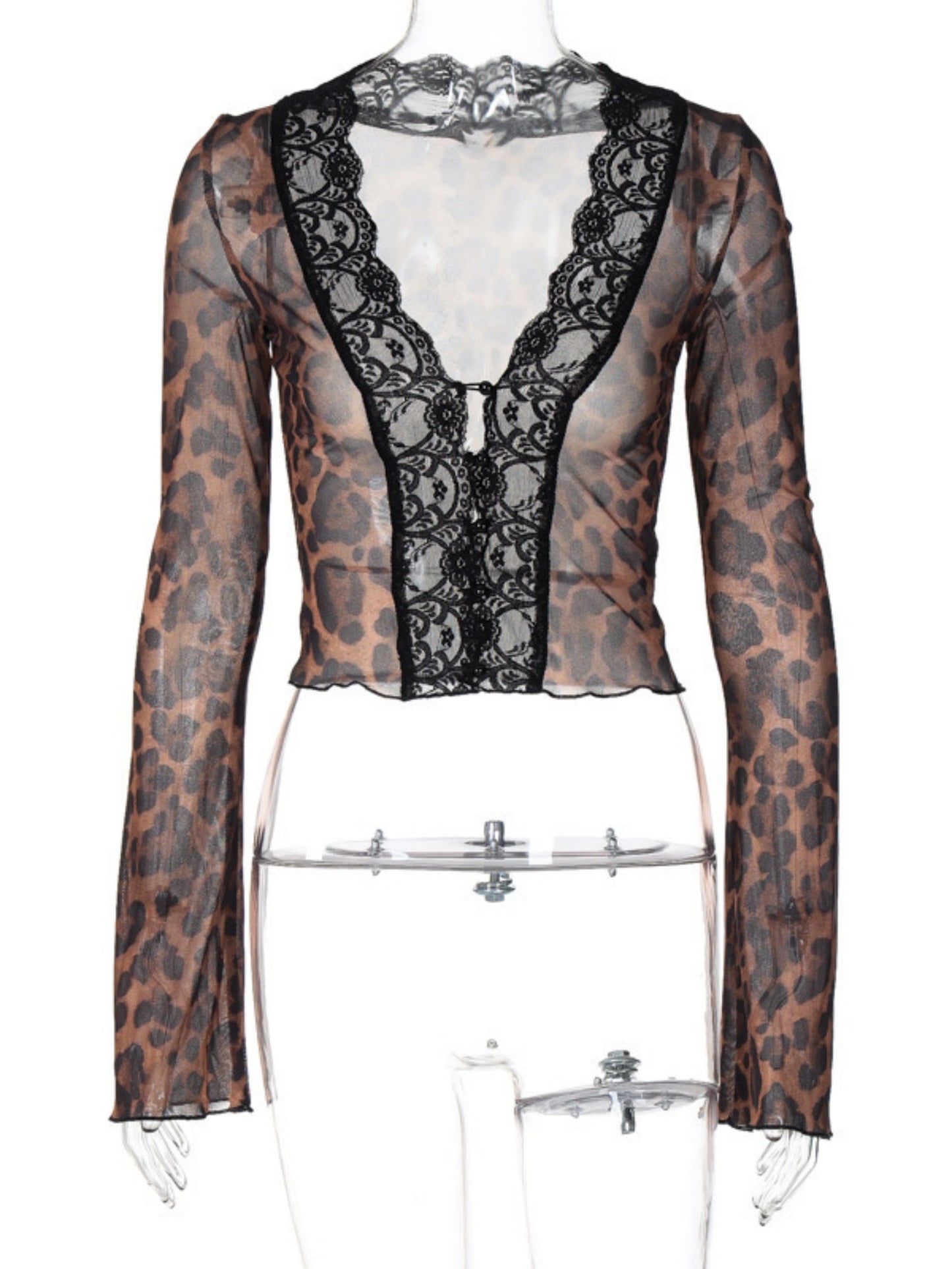 Leopard Print Mesh Lace Patchwork Long-sleeved T-shirt
