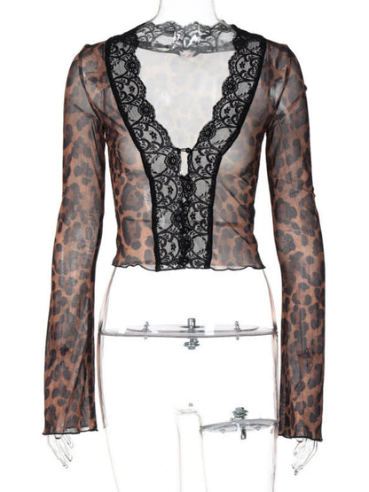 Leopard Print Mesh Lace Patchwork Long-sleeved T-shirt