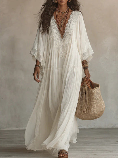 Batwing Sleeves V-neck Lace Stitching Beach Dress Seaside Smock Maxi Dresses