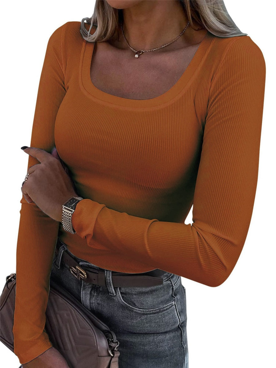 Threaded Groove Trimming Long Sleeve U-neck Base T-shirts
