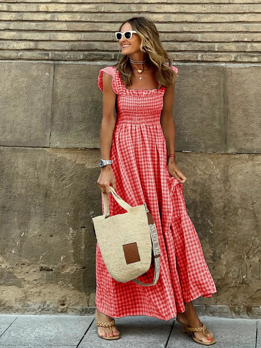 Patchwork Plaid Halter Elasticated Maxi Dress