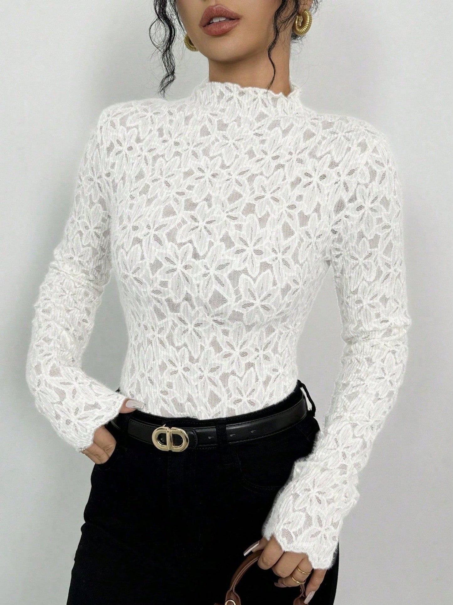 Lace Flowers Perspective High Collar Slim Fit Long-sleeved T-shirt
