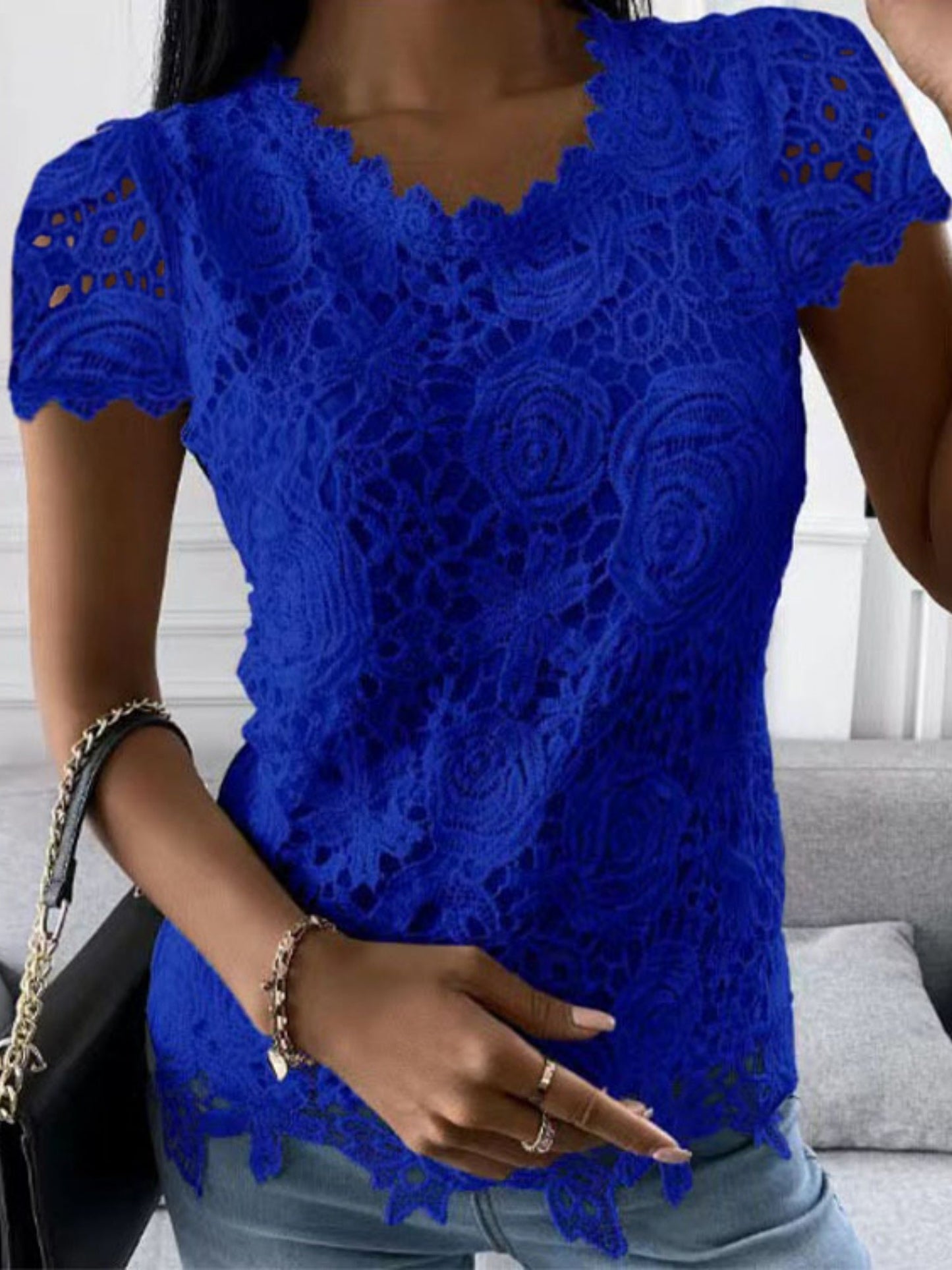 Lace Trim Crew Neck Short-sleeved T-shirt