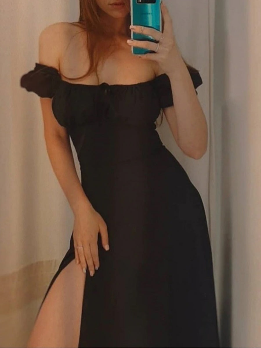 Square Collar Bandage Puff Sleeve Slit Midi Dresses