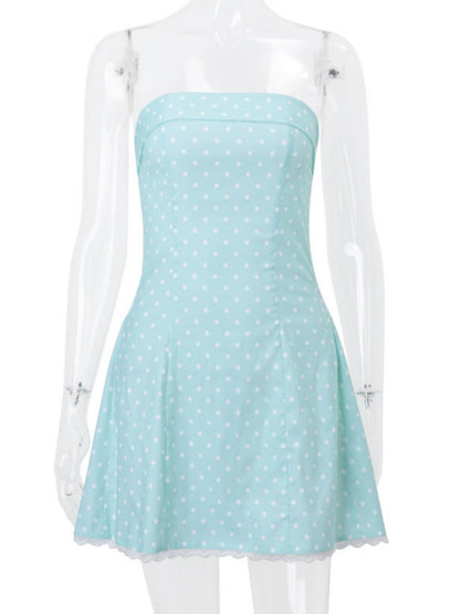 Polka Dots Collarless Tube Top Mini&Short Dresses