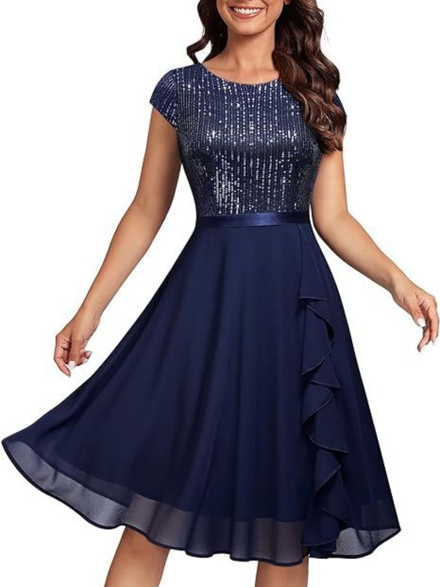 Crew Neck Sequins Chiffon Splicing Evening Dress Mini&Short Dresses