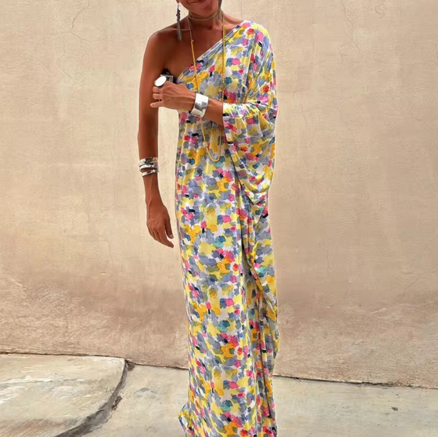 Abstract Painterly Print One-Shoulder Batwing Sleeve Oversized Maxi Dress