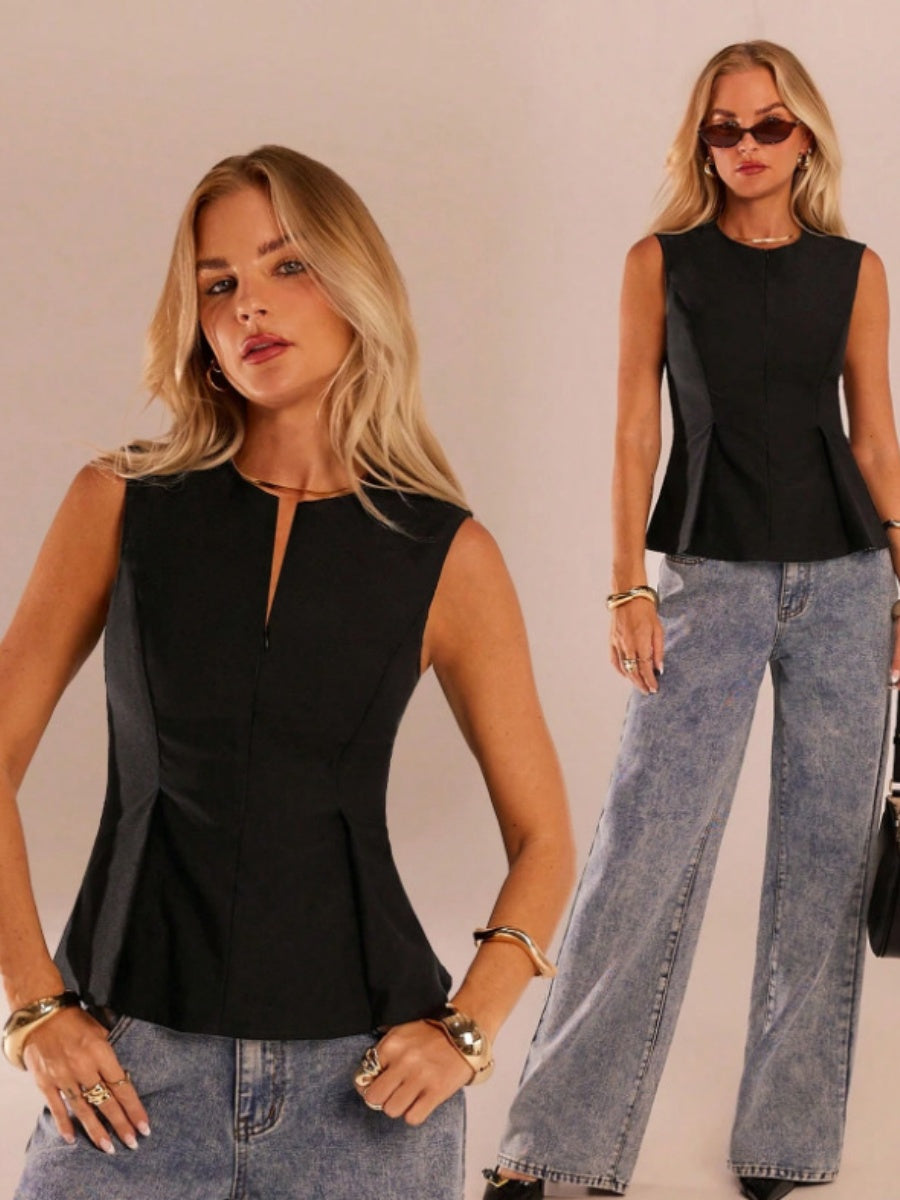 Black Zip-up Casual Sleeveless Vest