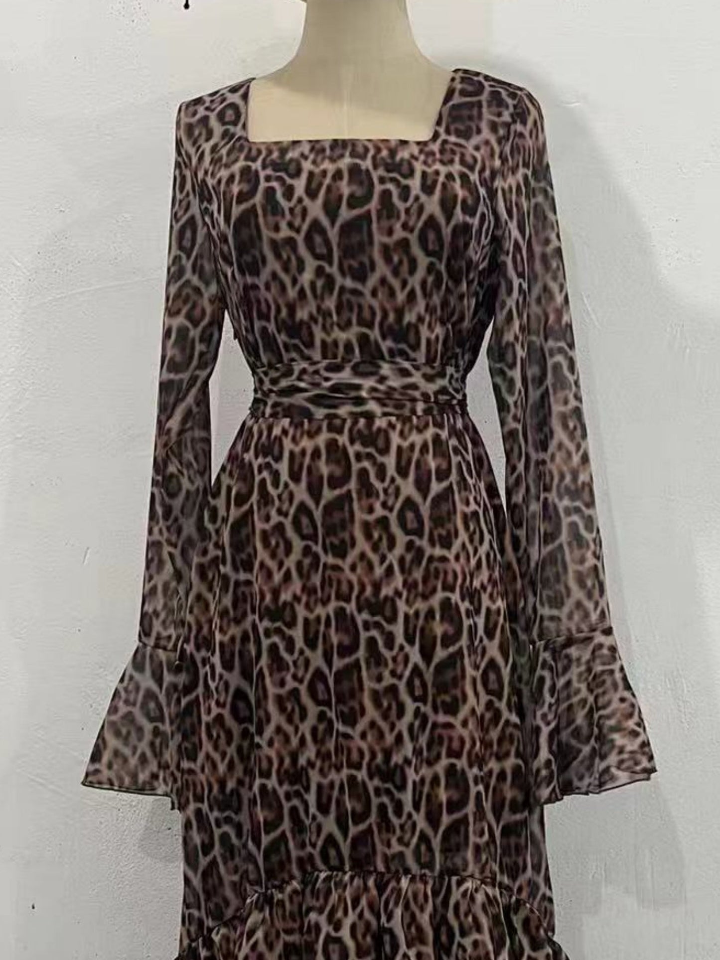 Leopard Print Chiffon Lotus Leaf Sleeves Splicing Maxi Dresses
