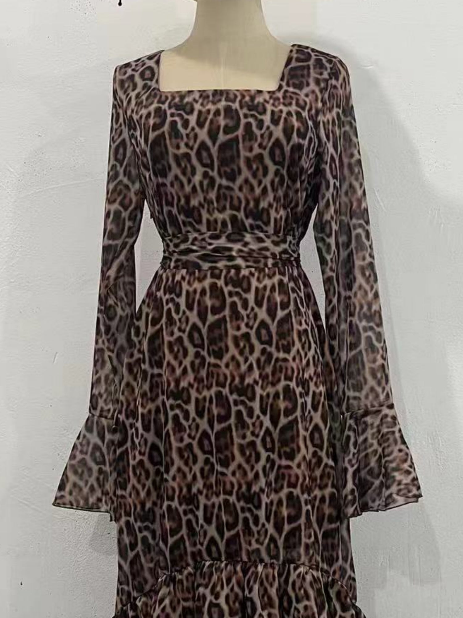 Leopard Print Chiffon Lotus Leaf Sleeves Splicing Maxi Dresses