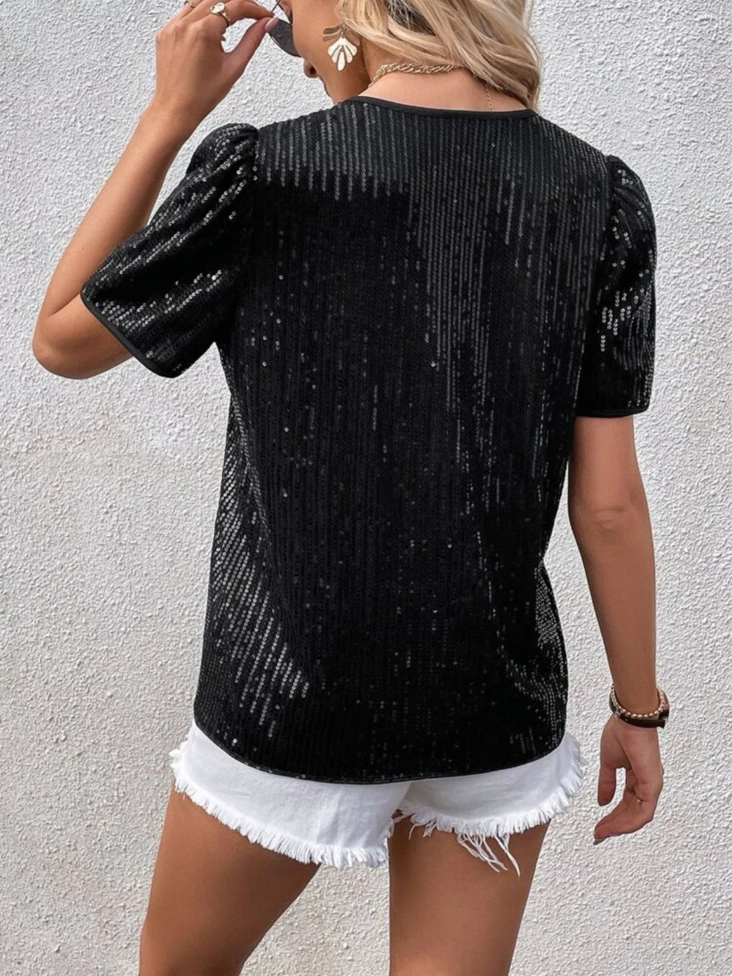 Sequins V-neck Short Sleeve T-shirt