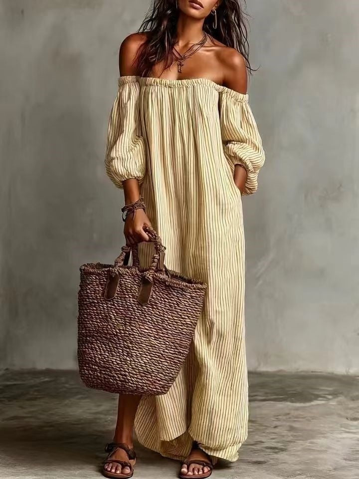 Striped Off-the-shoulder Long Dress