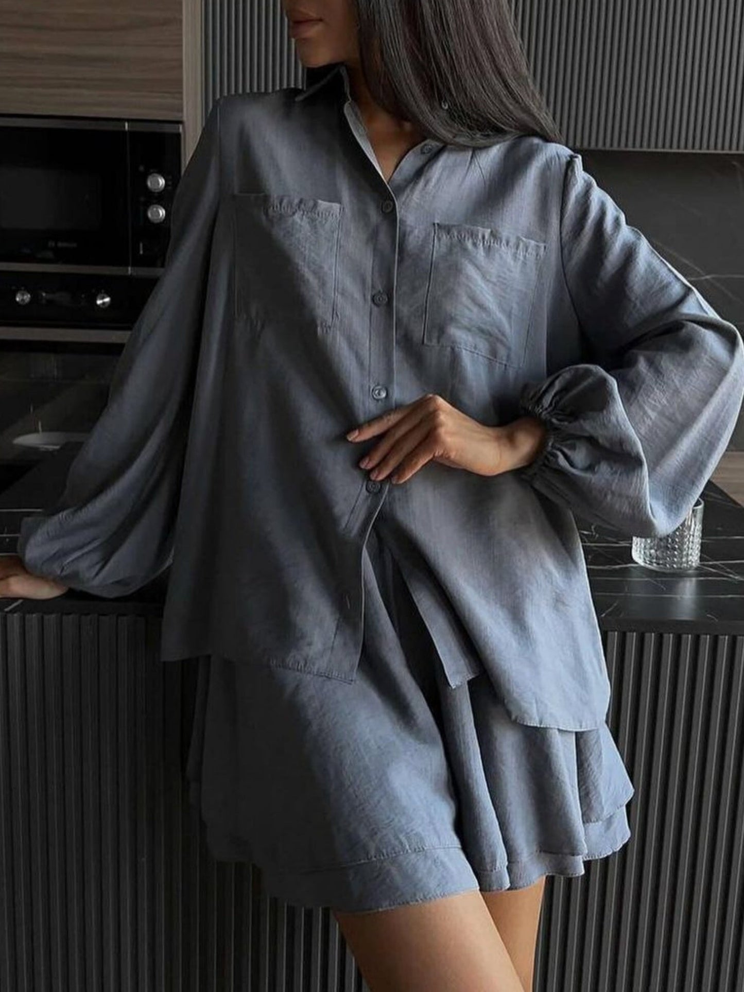 Long-sleeved Top Ruffled Shorts 2-piece Sets