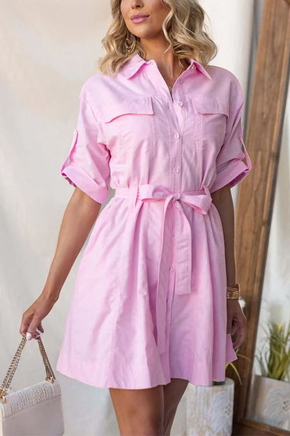 Rolled Up Sleeves Bow Waist Pocketed Mini Shift Dress