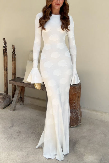 Margovil Bell Long Sleeves Backless Lace-up Shell Print Maxi Dress