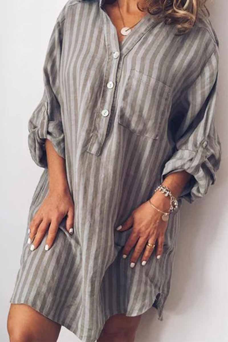 Vertical Stripe Collar Roll-Tab Sleeve Patch Pocket Shirt Mini Dress