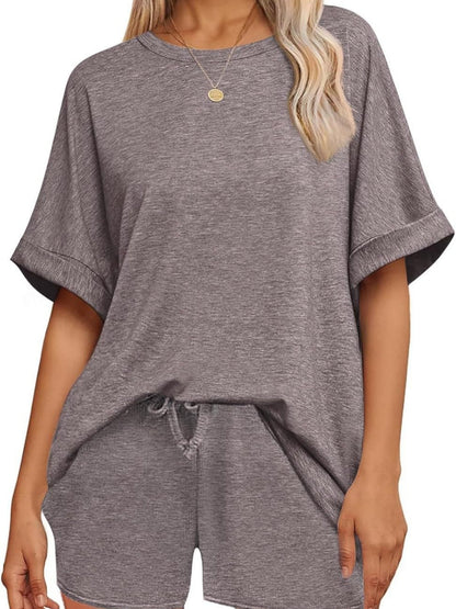 Batwing Sleeve T-shirt Drawstring Shorts Pocket Sportswear 2-piece Sets