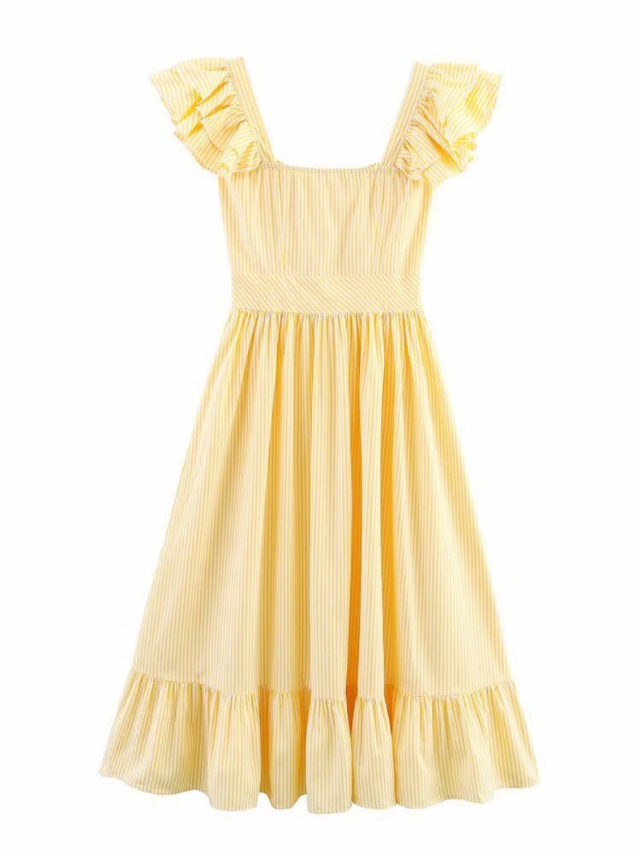Square Collar Ruffle Button Slit Big Swing Sweet Maxi Dresses