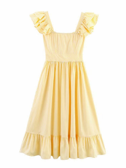 Square Collar Ruffle Button Slit Big Swing Sweet Maxi Dresses