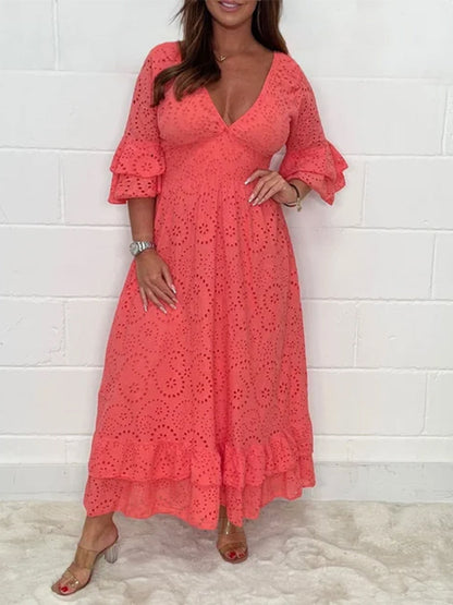 Broderie Anglaise Deep V-Neck Double Ruffle Sleeve Smocked Waist Tiered Midi Dress