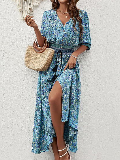 V Neck Button Front Smocked Waist Paisley Print High Slit Maxi Dress
