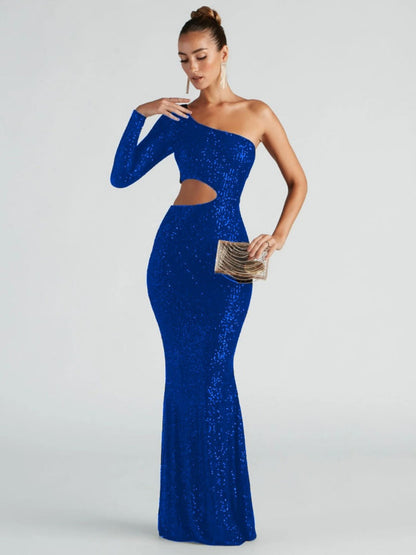 Sloping Shoulders Sequins Slit Temperament Grace Formal Dress Banquet Maxi Dresses