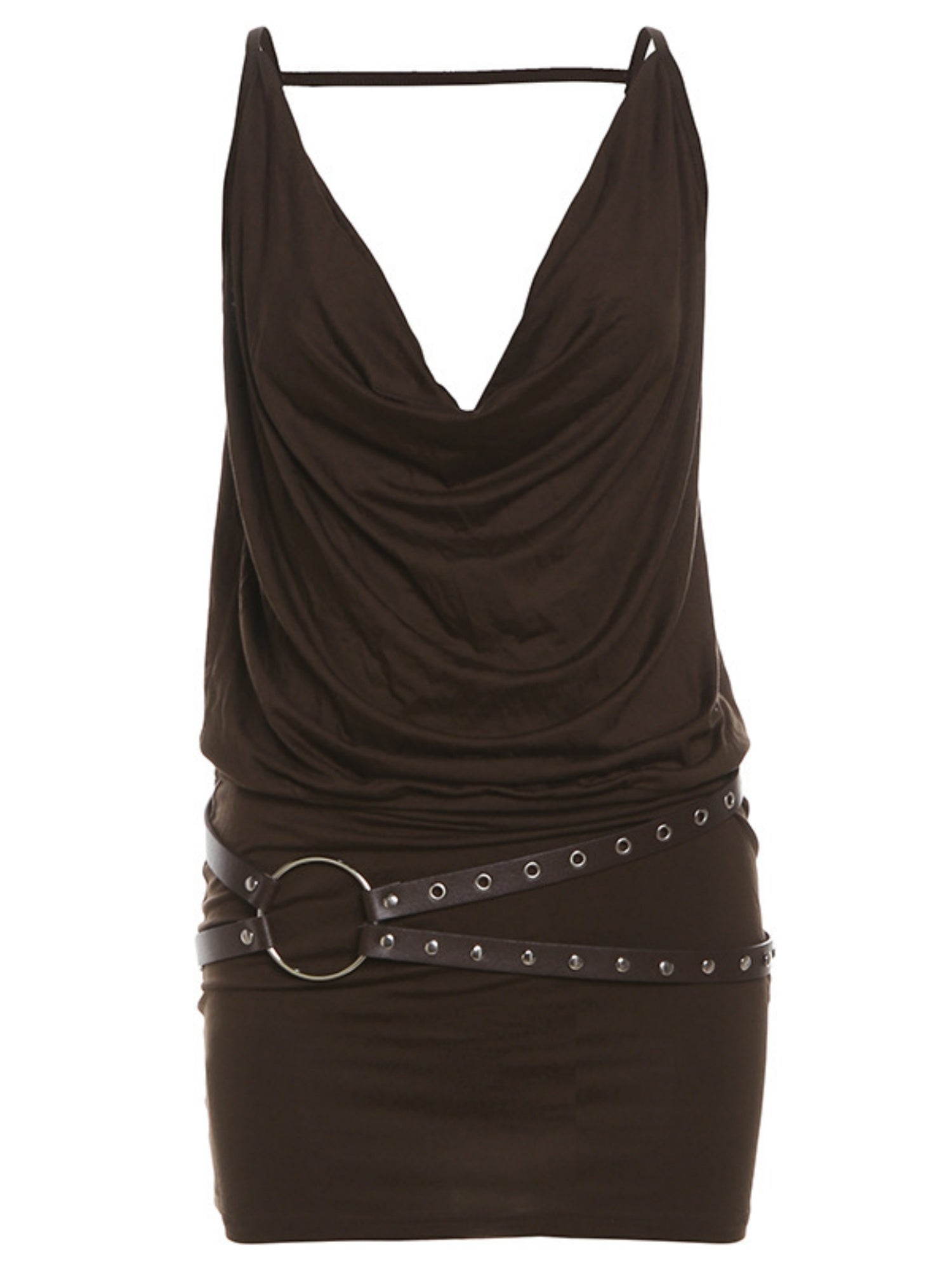 Silver Belt Decoration Pleated Backless Halter-neck Sleeveless Mini&Short Dresses