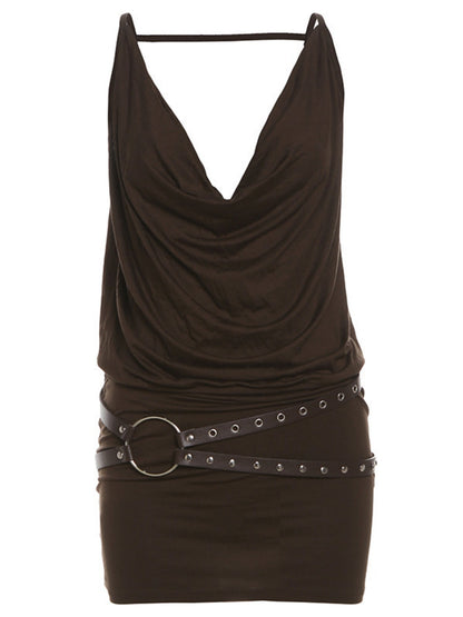 Silver Belt Decoration Pleated Backless Halter-neck Sleeveless Mini&Short Dresses