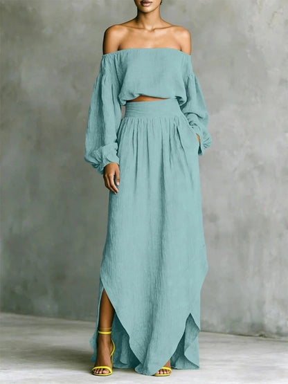 Off Shoulder Cropped Long-sleeved Two-piece Suit