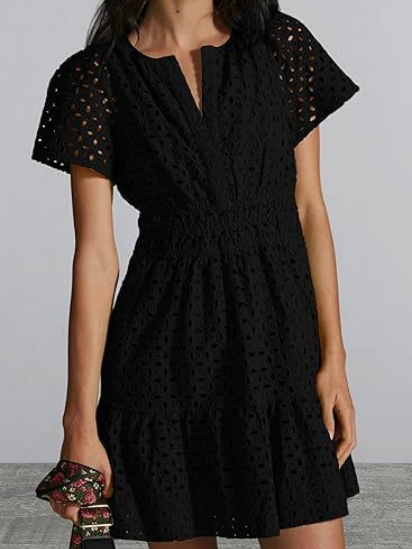 Lace Cutout V-neck Short Sleeve A-line Short Dress
