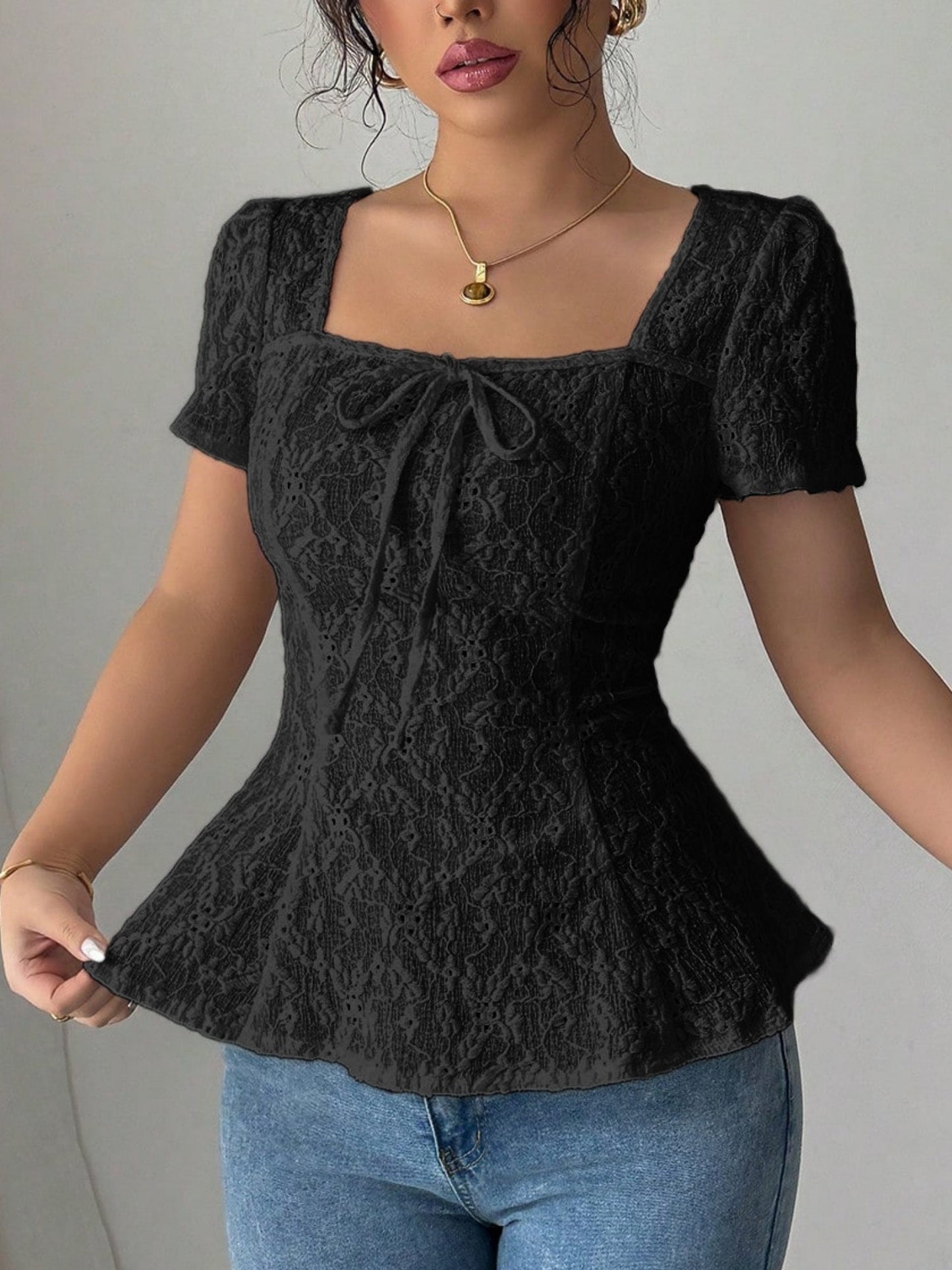 Lace Bow Tie Square Neck Short Sleeve T-shirts
