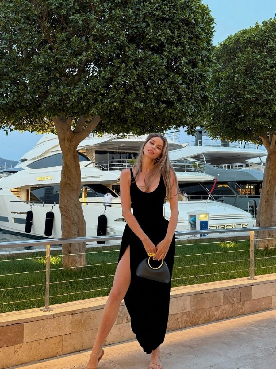 U-neck High-slit Pleated Backless Long Dress