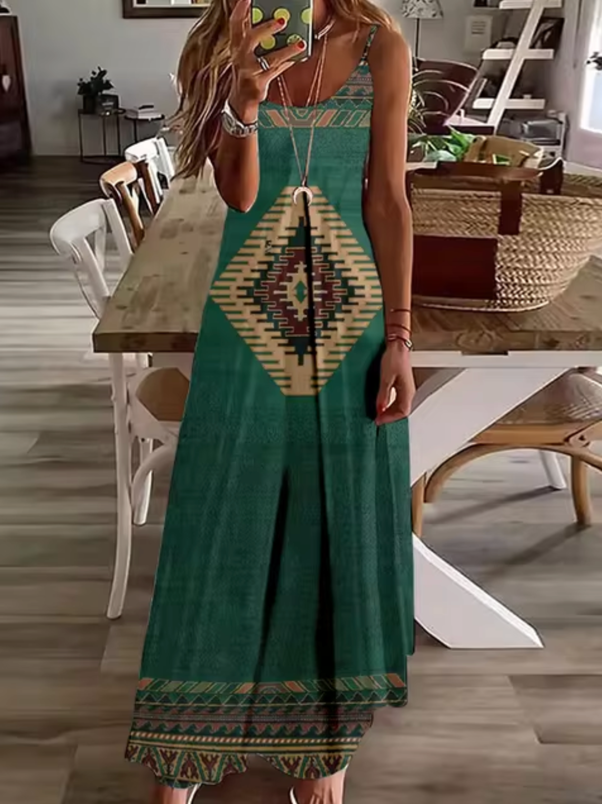 Deep V-Neck Turtle Dreamcatcher Feather Print Spaghetti Strap Maxi Dress
