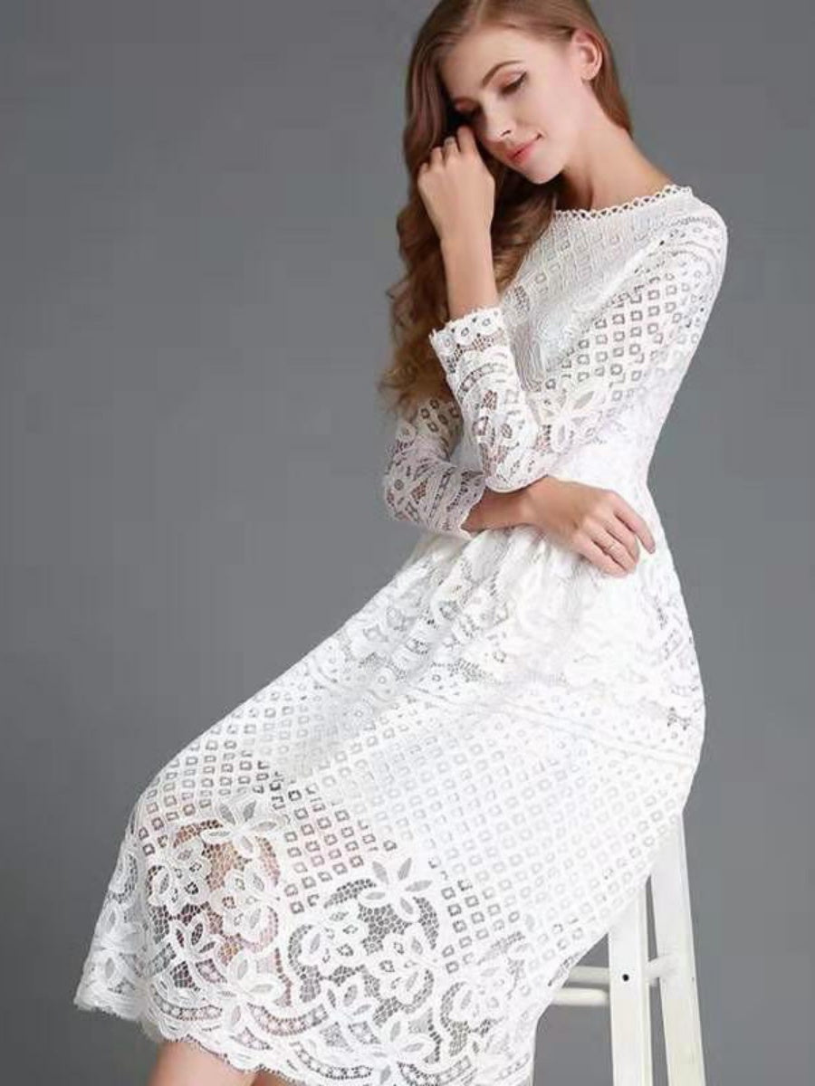 Round Neck Lace Long Sleeve Slim Midi Dress