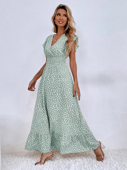 Floral Lotus Leaf Sleeves V-neck Vacation And Leisure Maxi Dresses