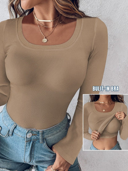 With Bra U-neck Thread Solid Color Long Sleeve T-shirts