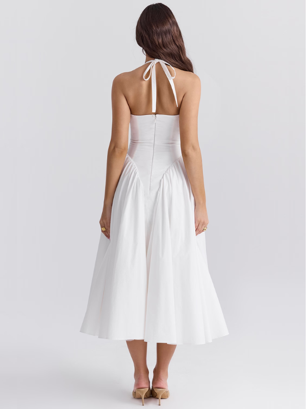 Halter Neck Plunging V Neck Dropped Waist Pleated Full Skirt Midi Dress