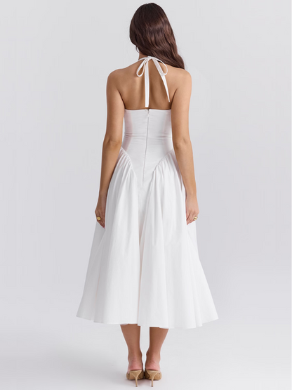 Halter Neck Plunging V Neck Dropped Waist Pleated Full Skirt Midi Dress