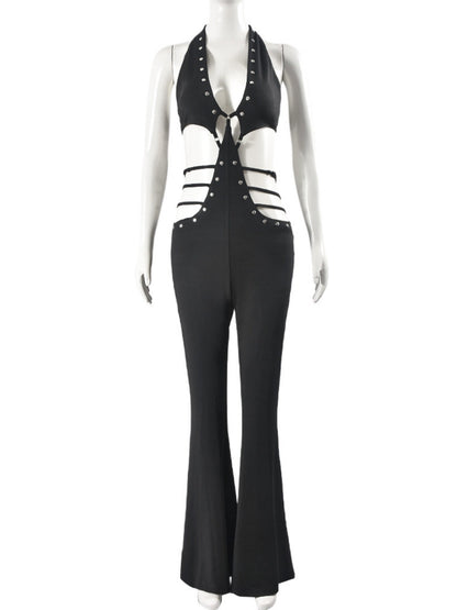Cutout Deep V Lace-up Backless Micro-flared Jumpsuits
