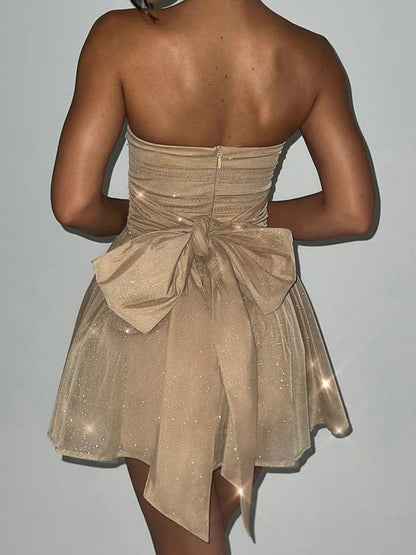 Bow Sequins Mesh Off-shoulder Mini Dresses